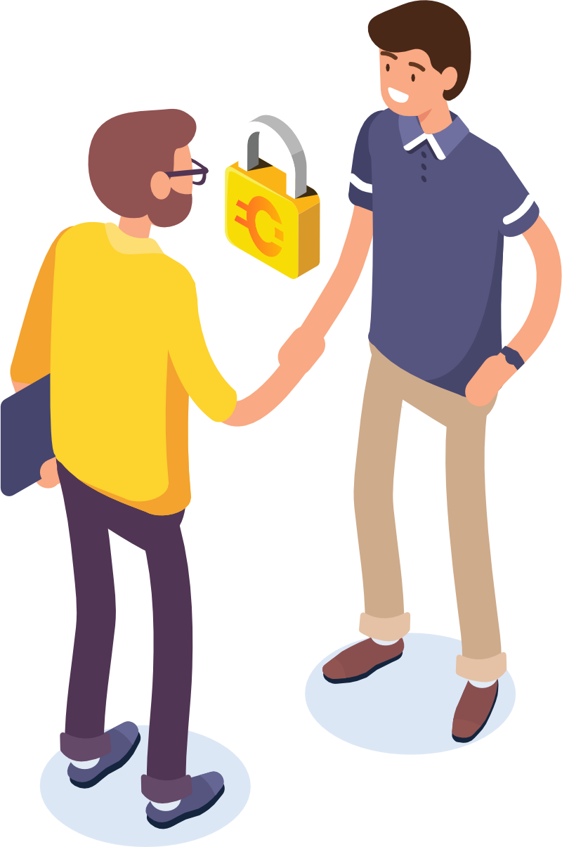 illustration of two men shaking hands with a lock between them bearing the Oja Exchange logo